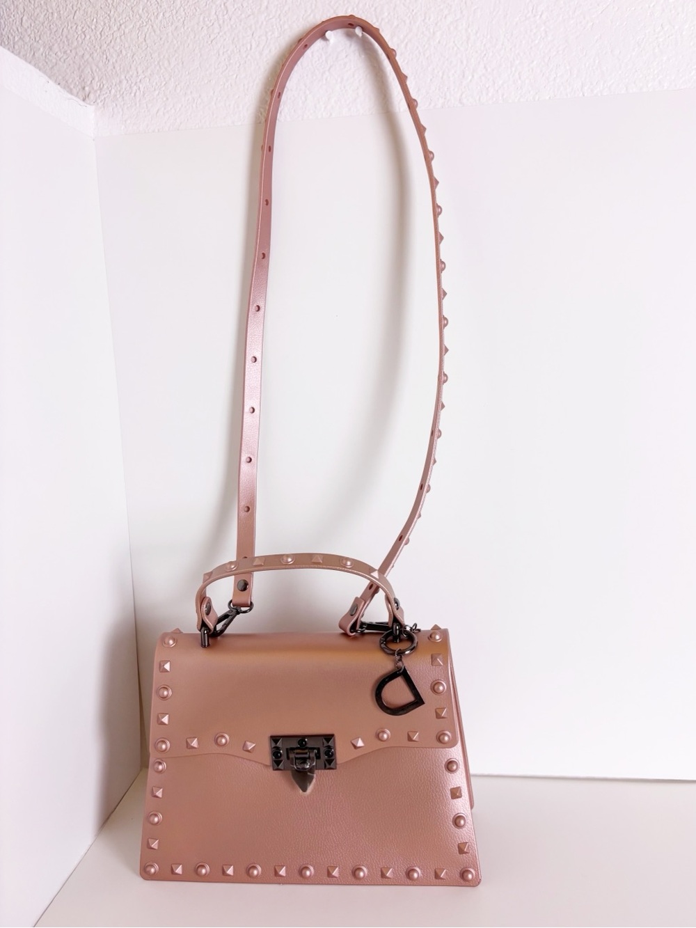 Studded Metallic Rose Rivet Crossbody Top Handel Faux Leather Unlined Handbag - Picture 9 of 9